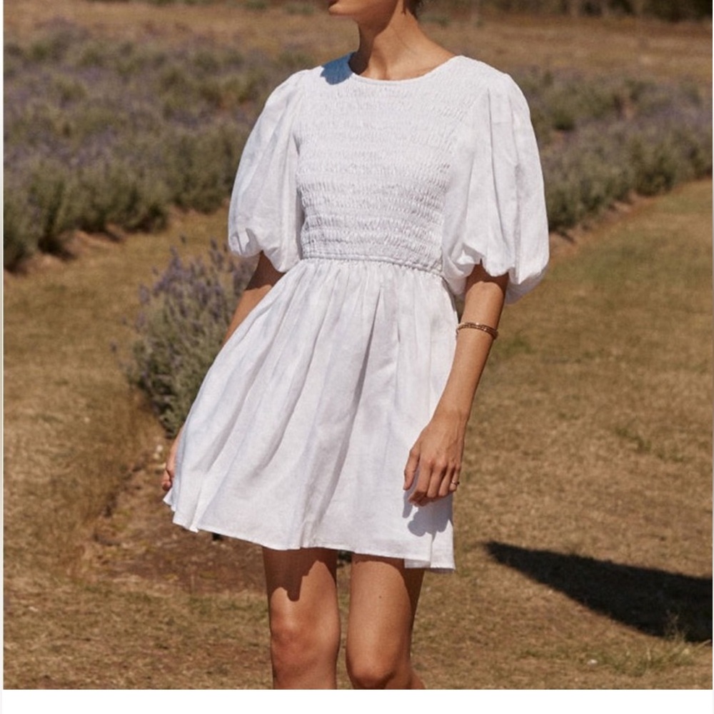 Dissh JAQ White Linen Shirred Mini Dress Size US 2 EU 34